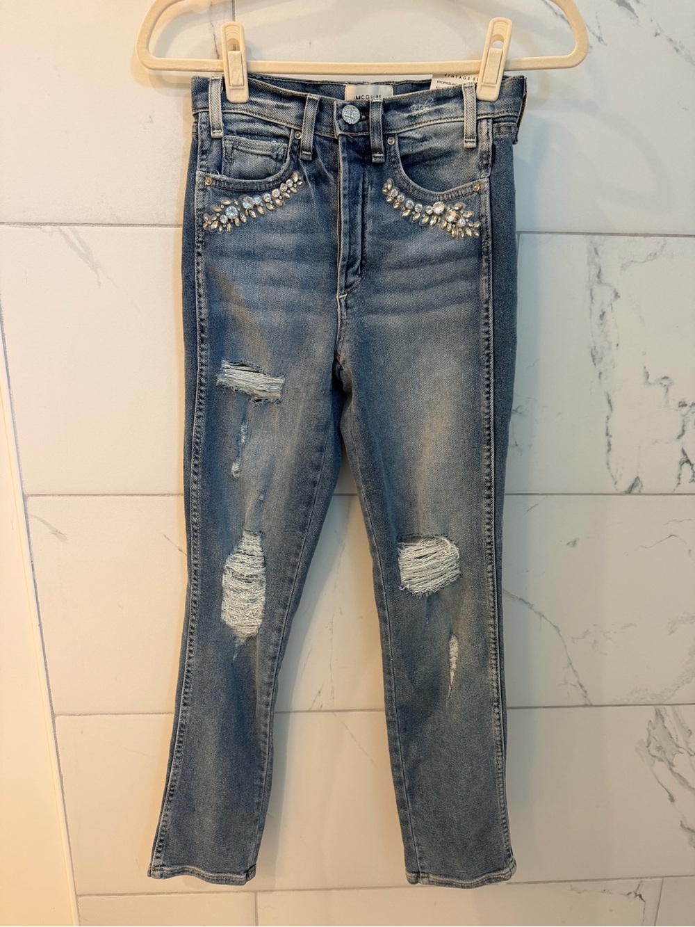 McGuire Denim Light Blue Skinny Jeans with Crystal Embellishments